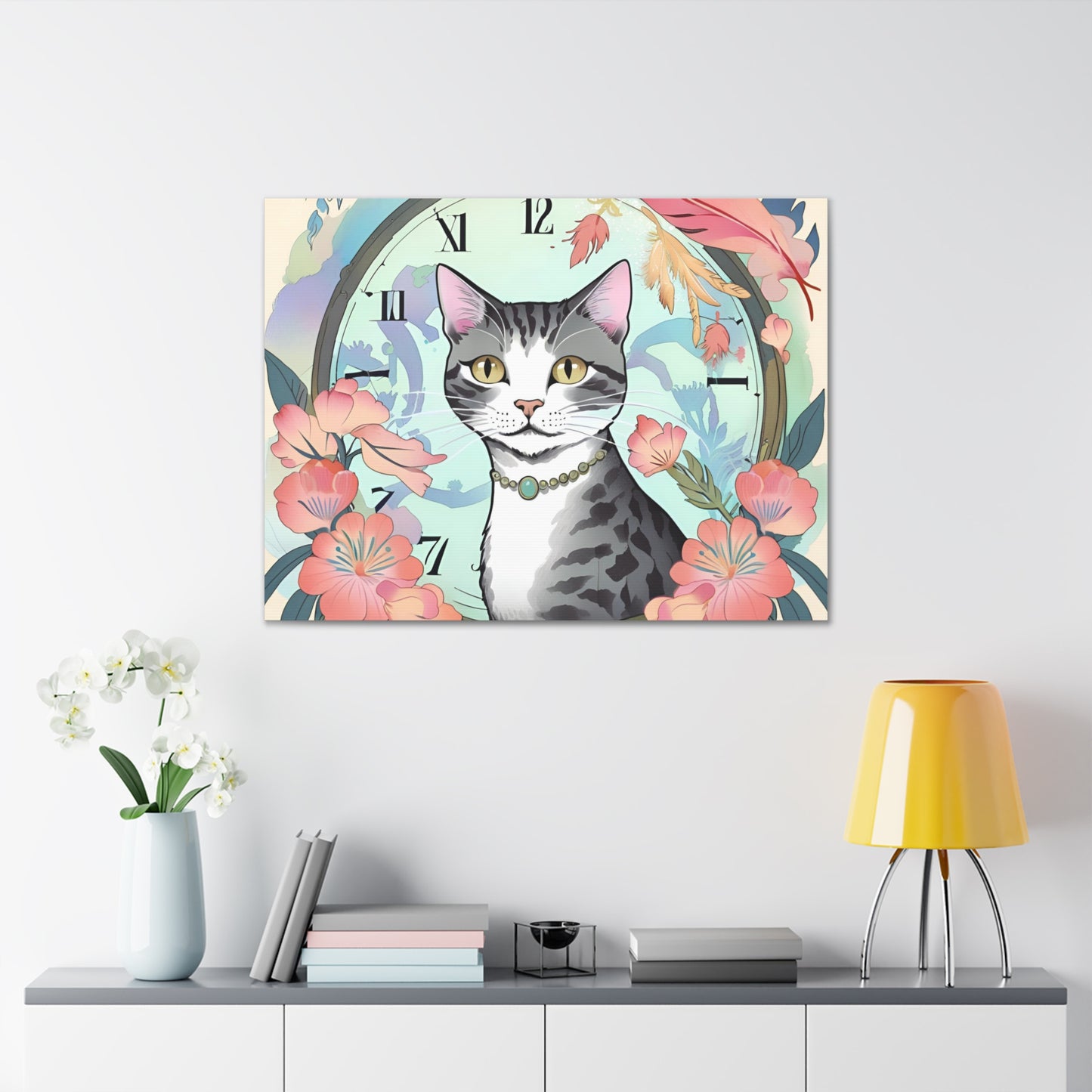 Cat-Themed Canvas Gallery Wraps - Floral Clock Art for Cat Lovers