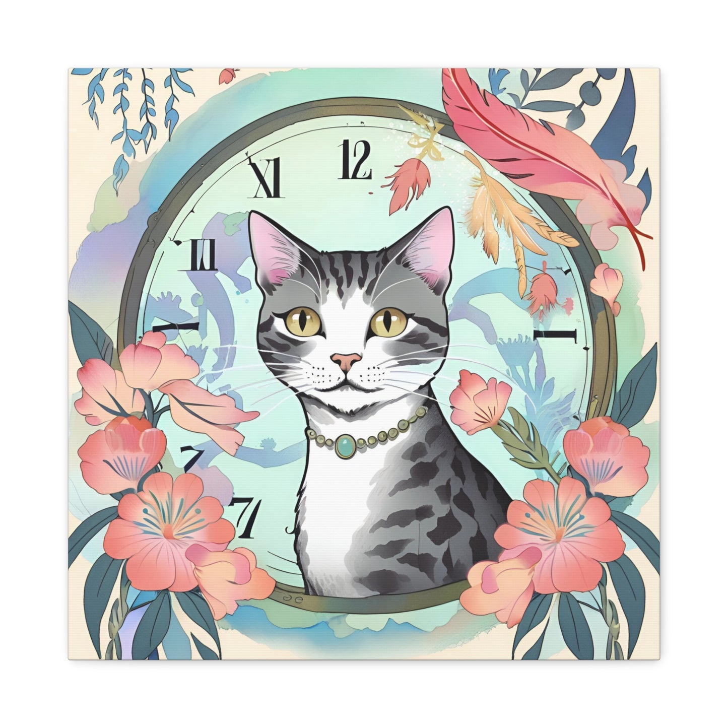 Cat-Themed Canvas Gallery Wraps - Floral Clock Art for Cat Lovers