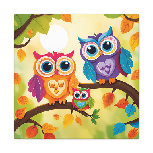 Whimsical Owl Family Canvas Gallery Wraps - Colorful Animal Decor for Home For Kids