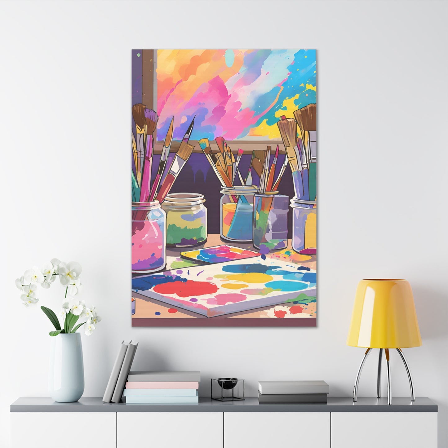 Vibrant Artist Canvas Gallery Wraps - Colorful Paint Palette & Brushes Art