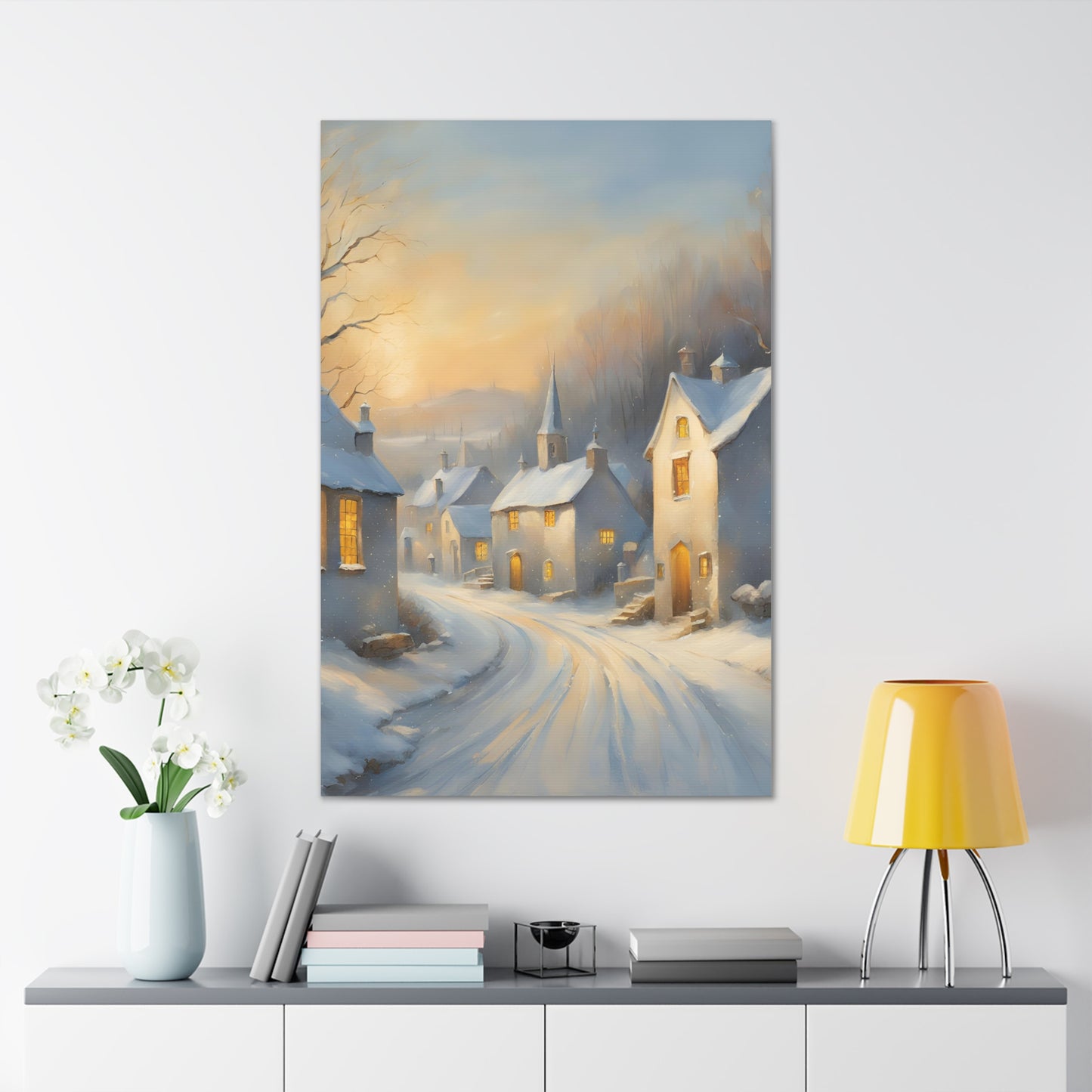 A Snowy Village Scen Canvas Gallery Wrap - Cozy Home Decor for the Holidays