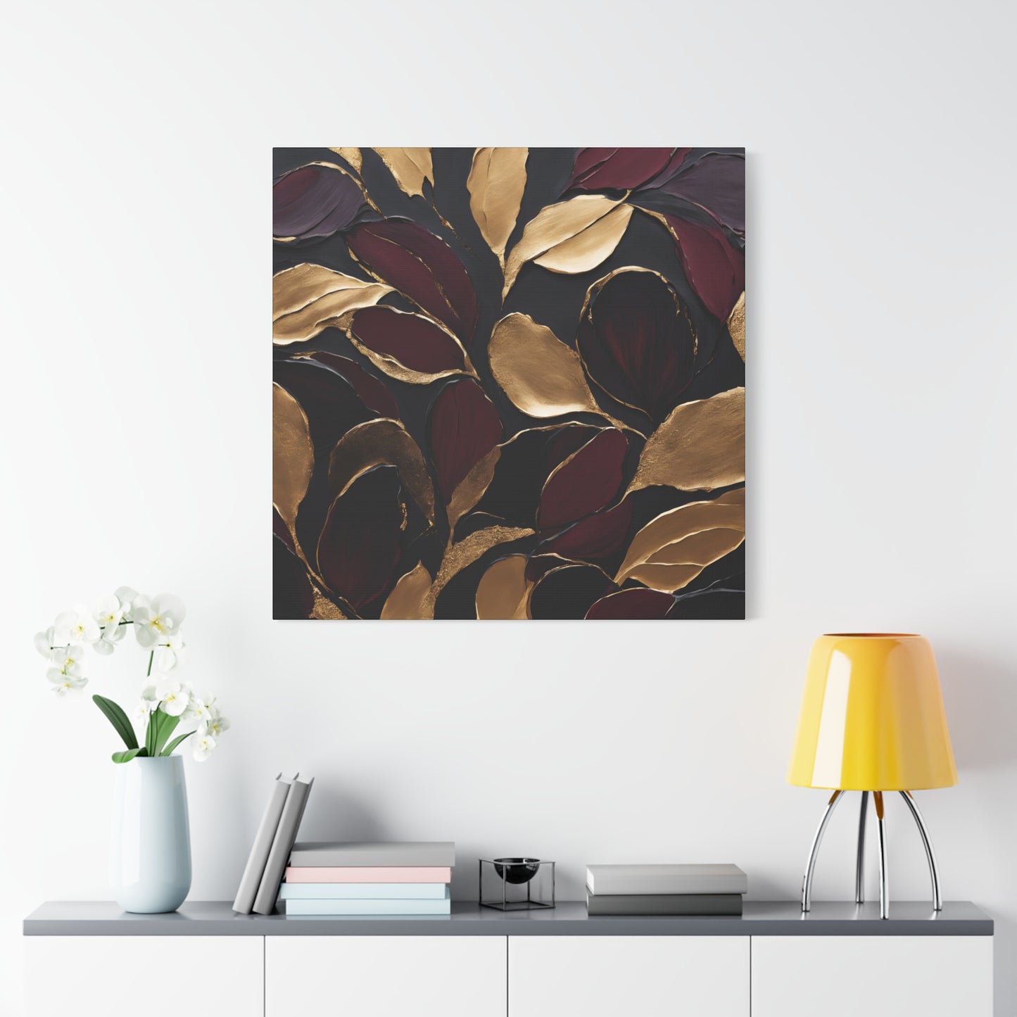 Elegant Abstract Floral Canvas Wall Art – Gold & Burgundy Home Décor