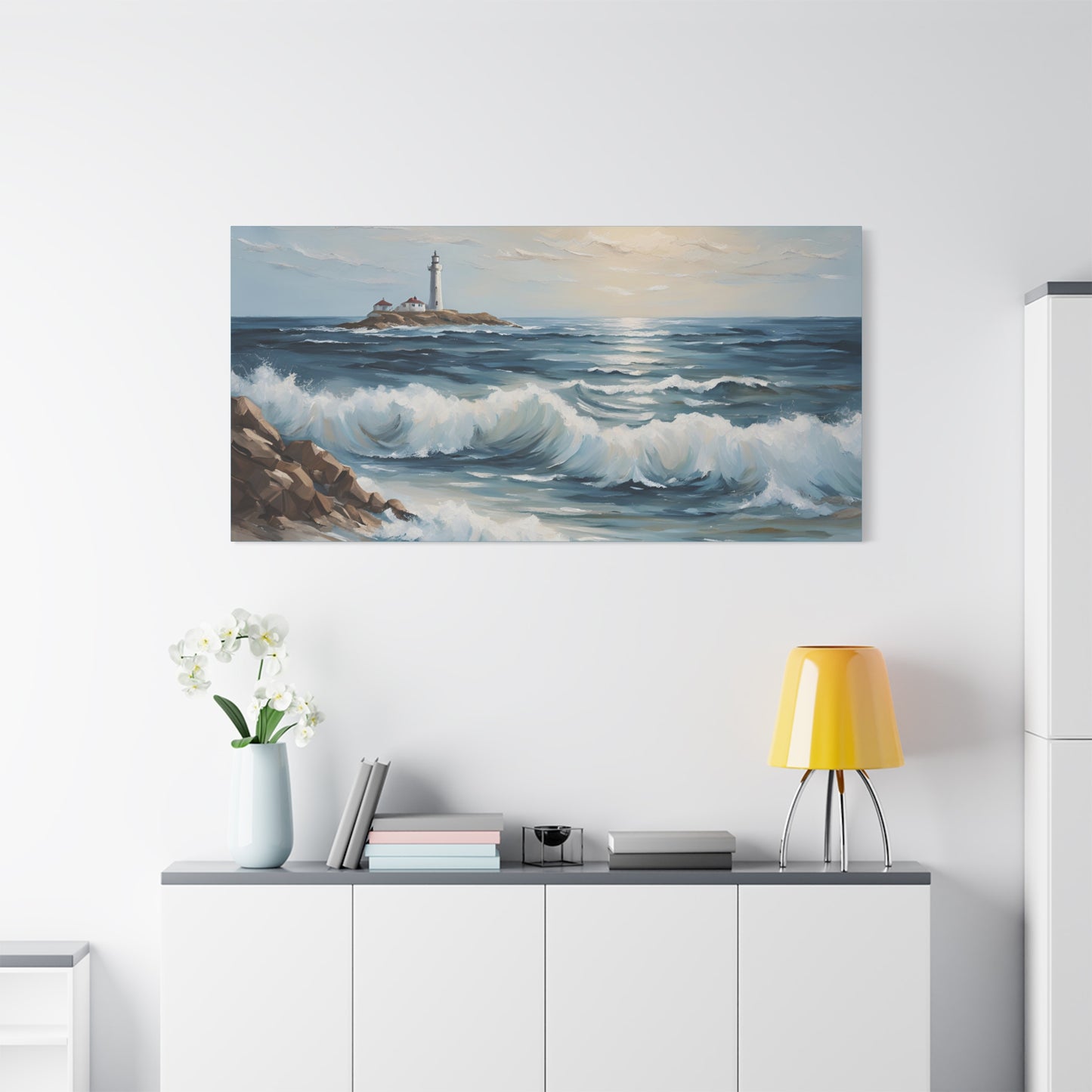 Ocean Waves Lighthouse Canvas Print – Coastal Home Decor for Serene Spaces