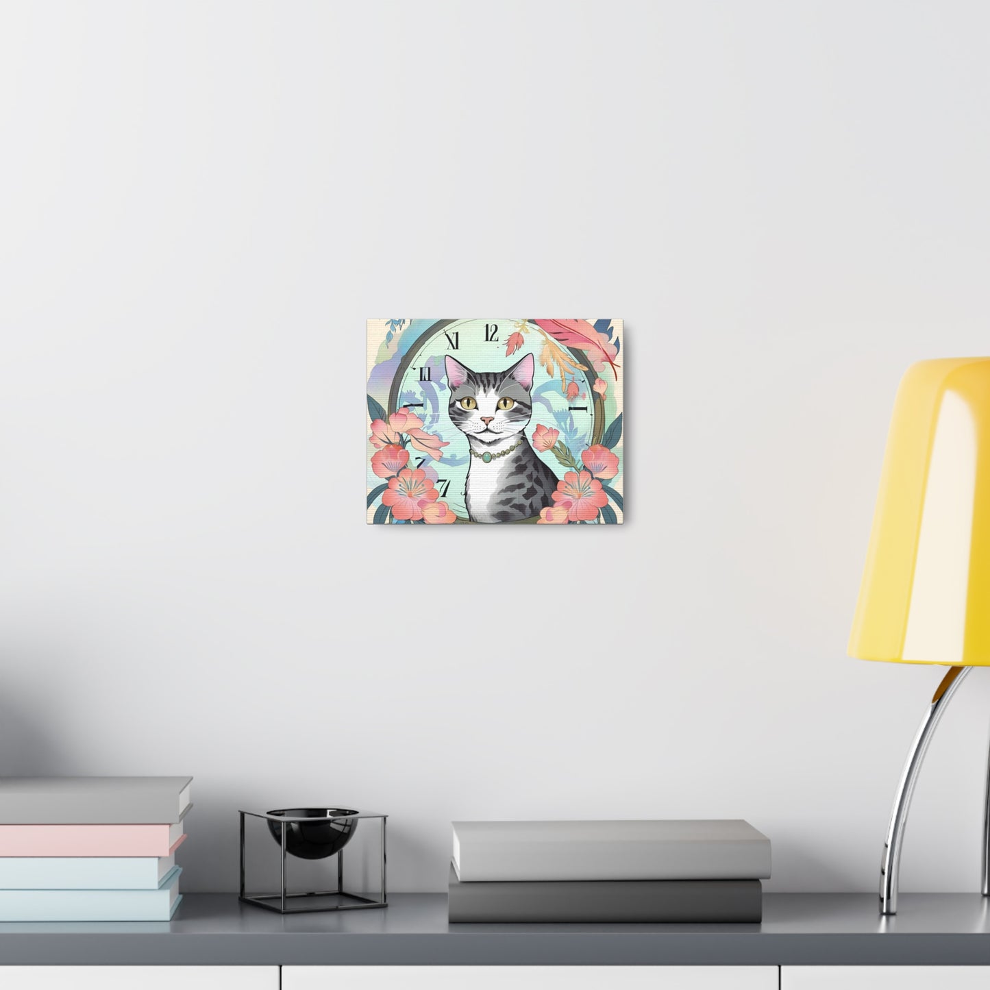 Cat-Themed Canvas Gallery Wraps - Floral Clock Art for Cat Lovers