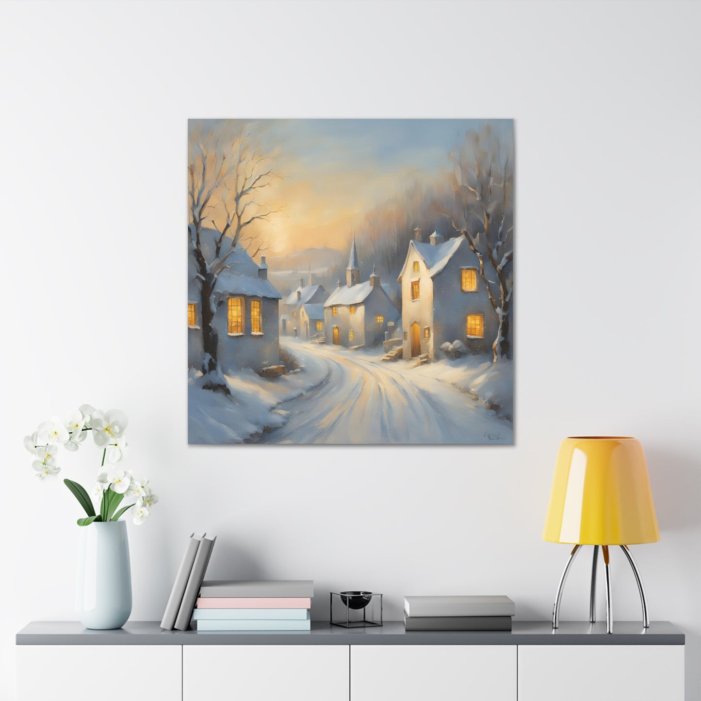 A Snowy Village Scen Canvas Gallery Wrap - Cozy Home Decor for the Holidays