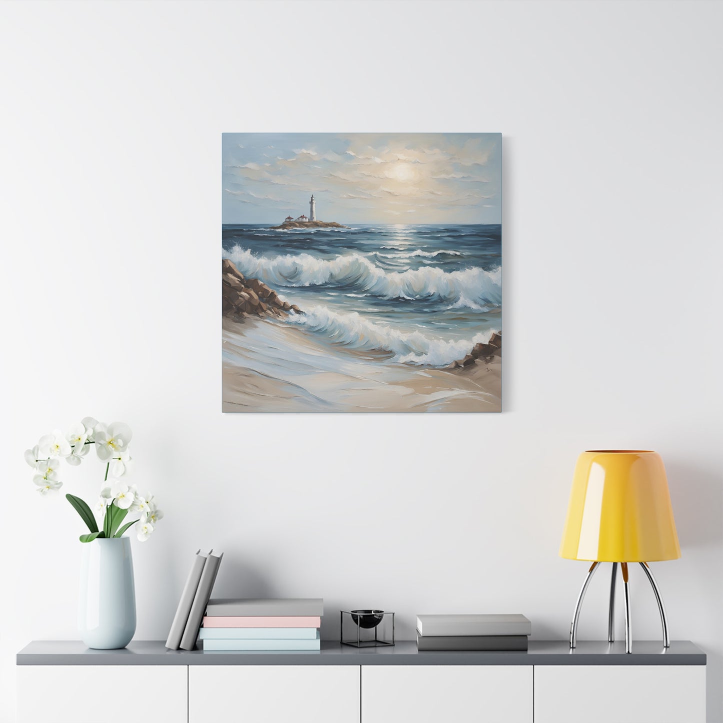 Ocean Waves Lighthouse Canvas Print – Coastal Home Decor for Serene Spaces