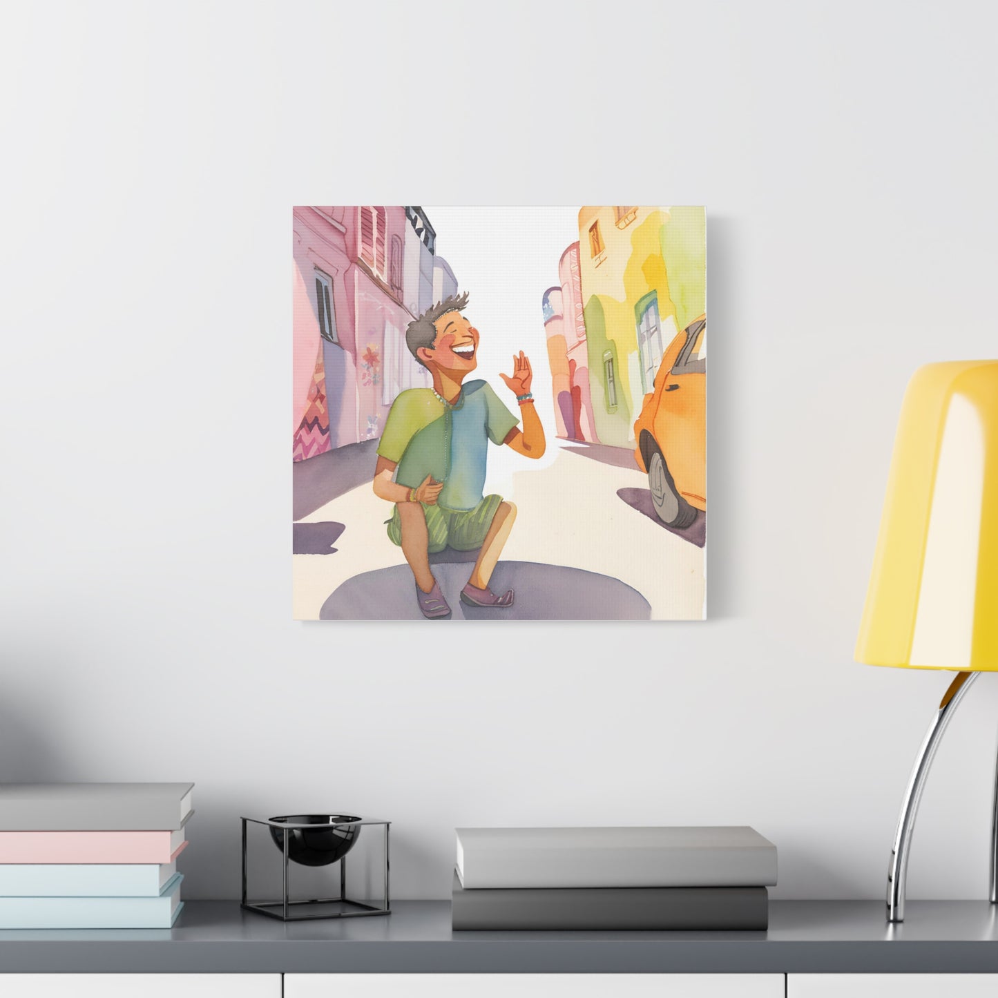 Cheerful Stretched Canvas Art - Vibrant Street Scene