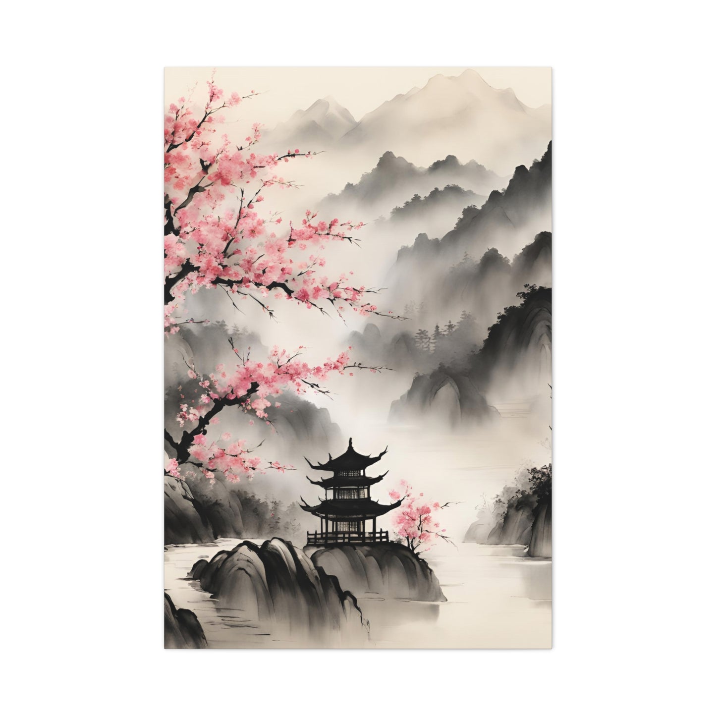 Serene Japanese Landscape Canvas Gallery Wraps - Elegant Home Decor Chinese Ink Wash Painting