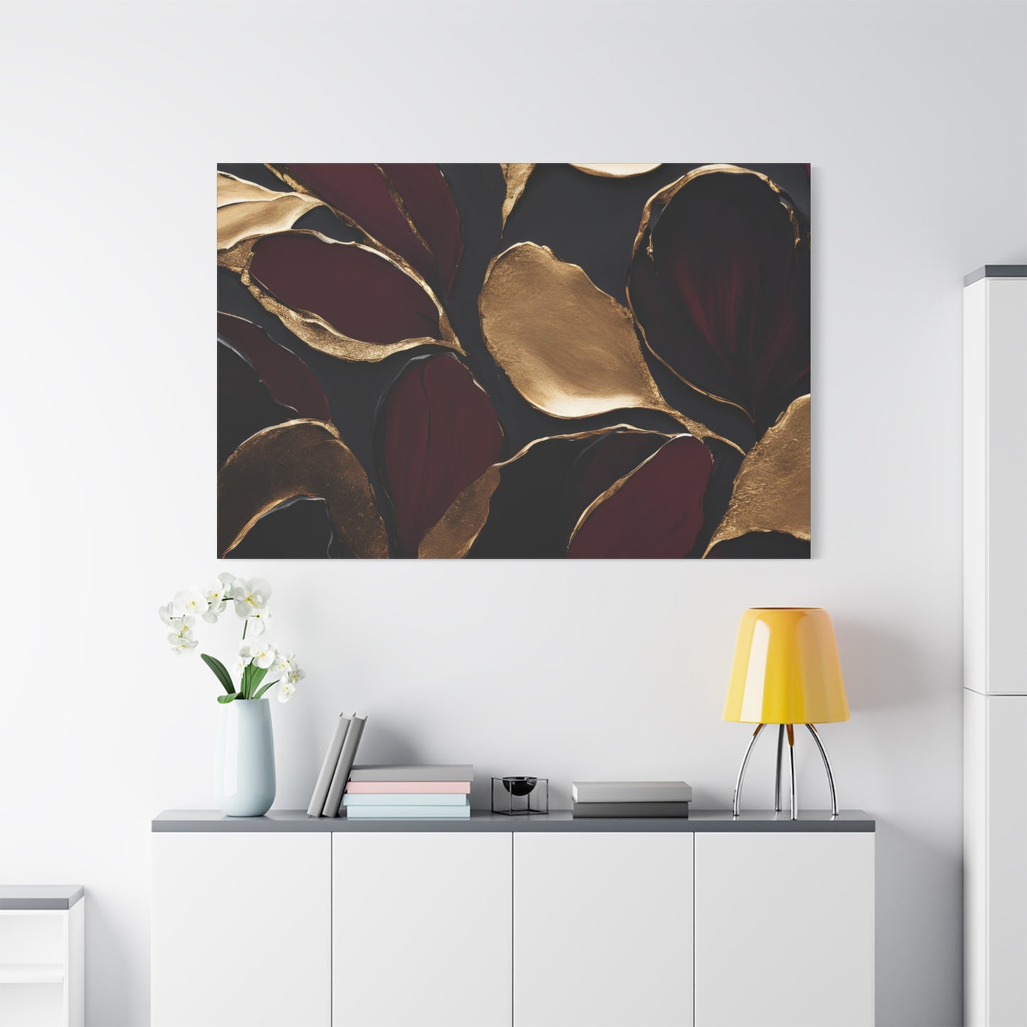 Elegant Abstract Floral Canvas Wall Art – Gold & Burgundy Home Décor