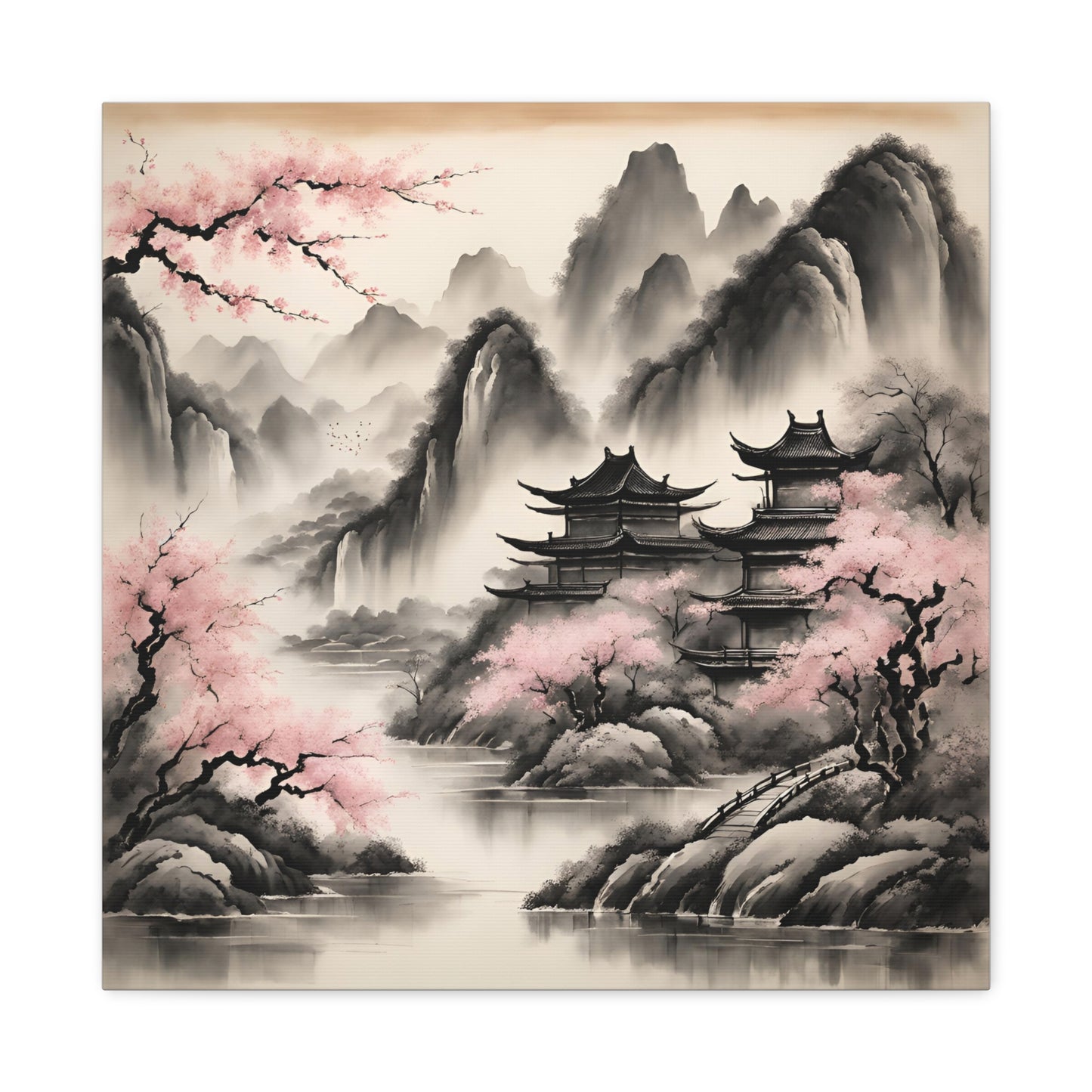 Tranquil Asian Landscape Canvas Gallery Wraps | Serene Wall Art for Peaceful Living Spaces | Chinese Ink Wash Painting