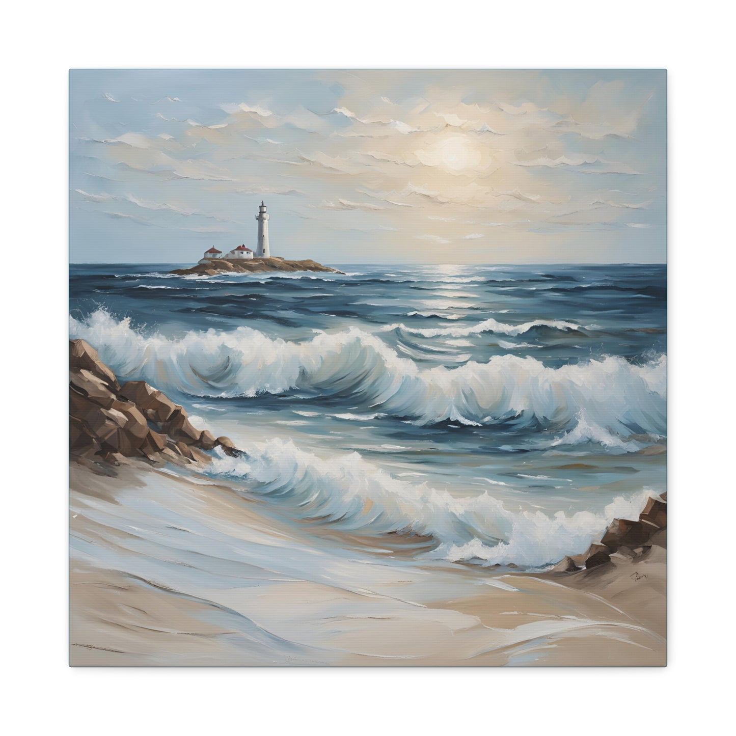 Ocean Waves Lighthouse Canvas Print – Coastal Home Decor for Serene Spaces