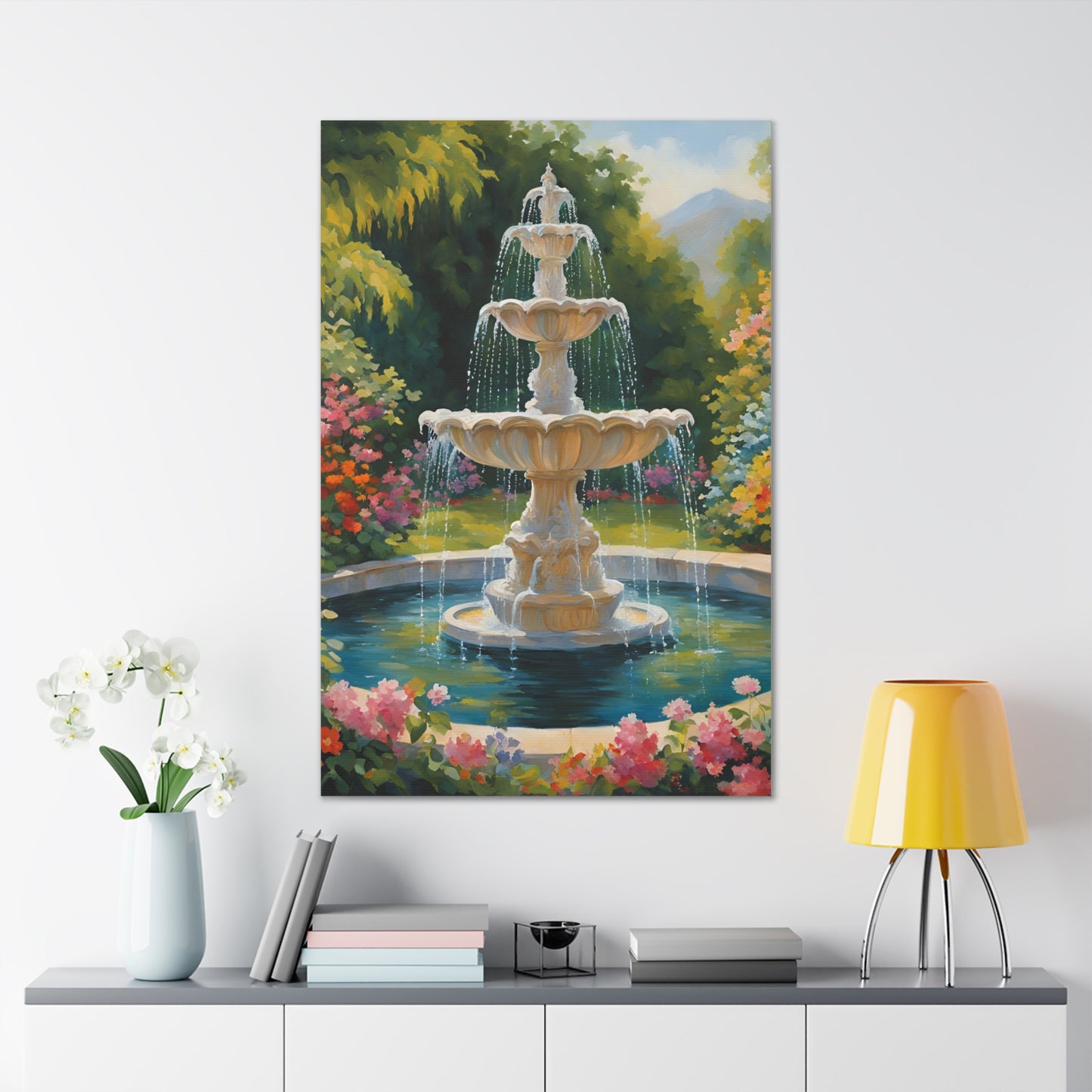 A Fountain in a Garden Canvas Gallery Wraps - Vibrant Home Decor for Nature Lovers