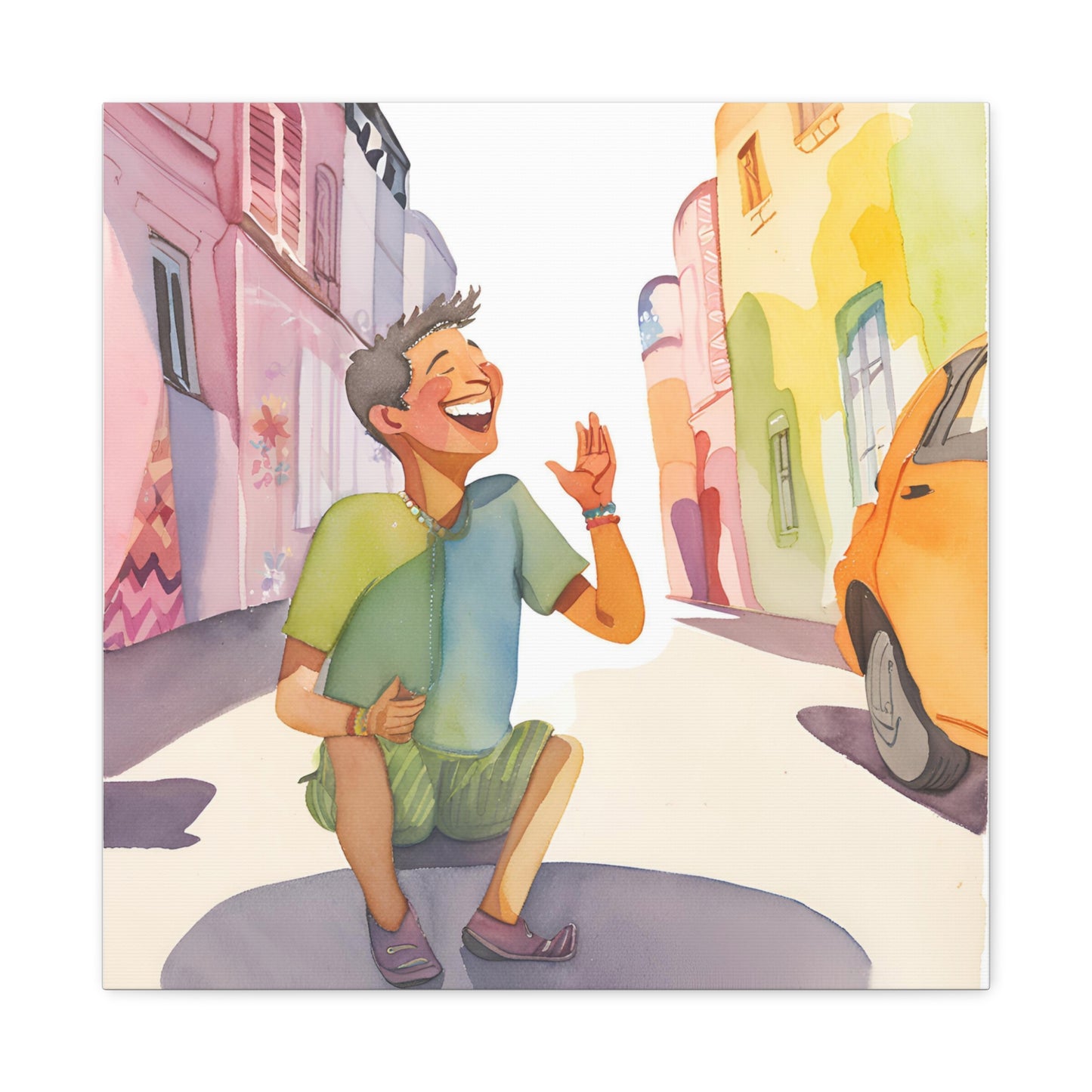 Cheerful Stretched Canvas Art - Vibrant Street Scene