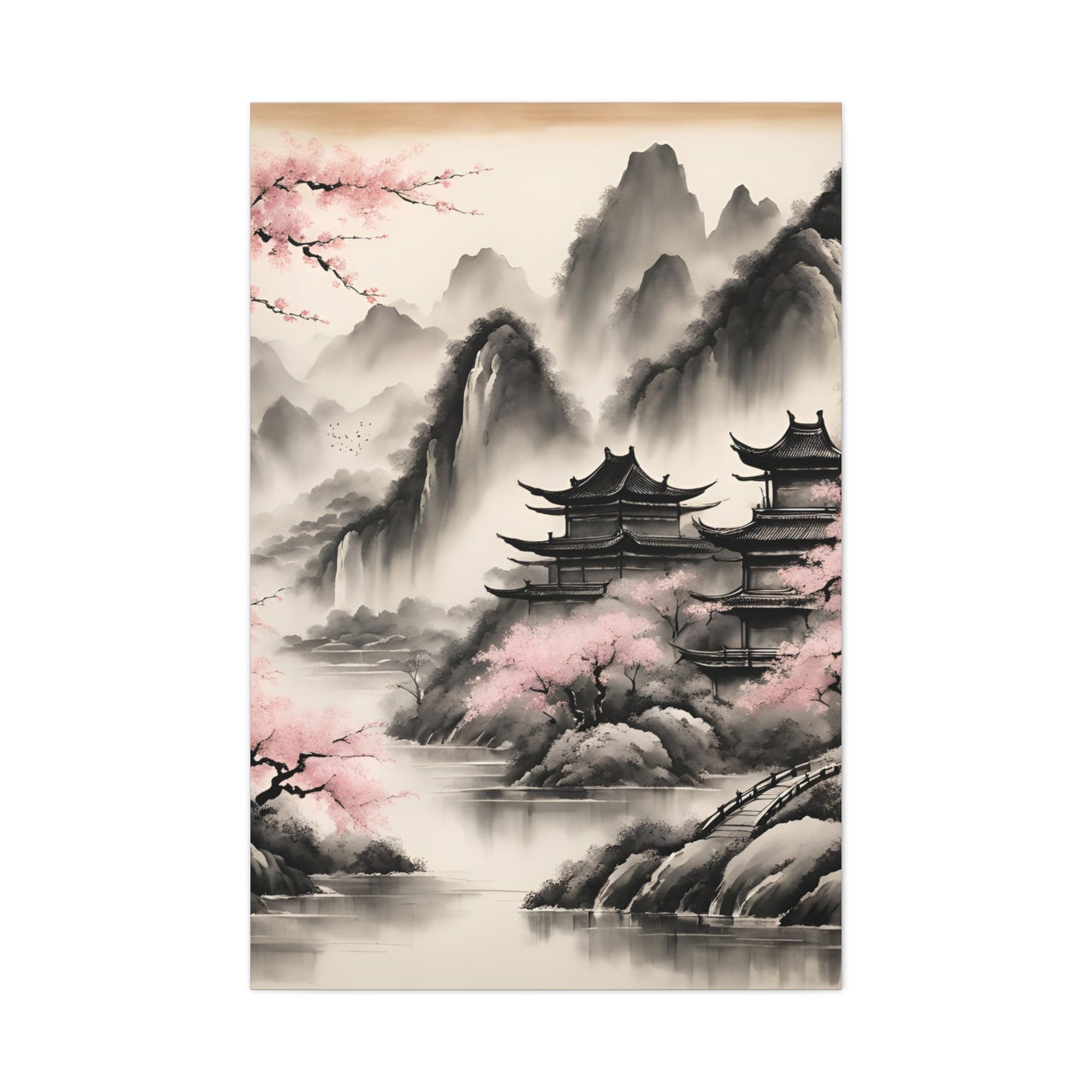 Tranquil Asian Landscape Canvas Gallery Wraps | Serene Wall Art for Peaceful Living Spaces | Chinese Ink Wash Painting