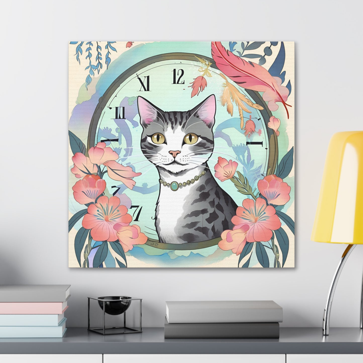 Cat-Themed Canvas Gallery Wraps - Floral Clock Art for Cat Lovers