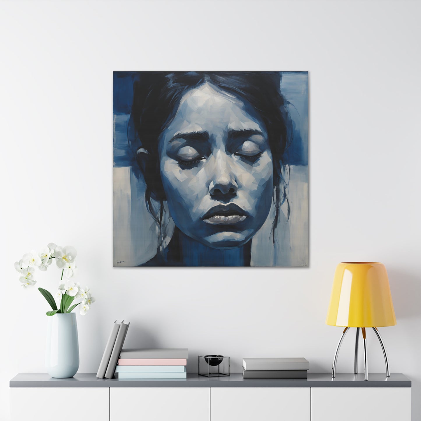 Emotive Canvas Gallery Wrap - Tranquil Blue Portrait Art for Modern Home Decor