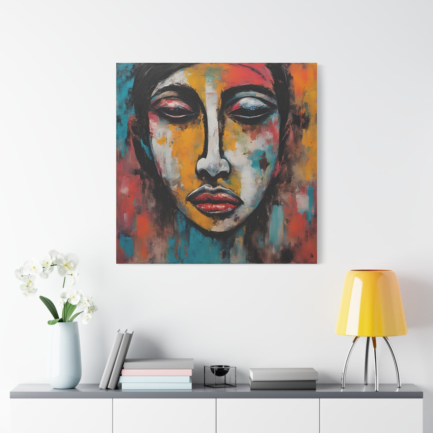 Vibrant Stretched Canvas Art - Expressionism Face Design for Home Decor