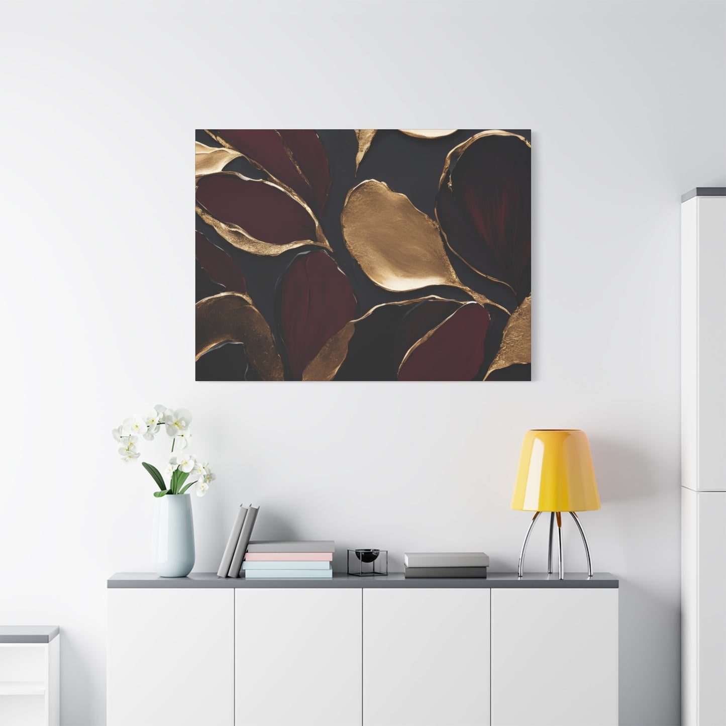 Elegant Abstract Floral Canvas Wall Art – Gold & Burgundy Home Décor