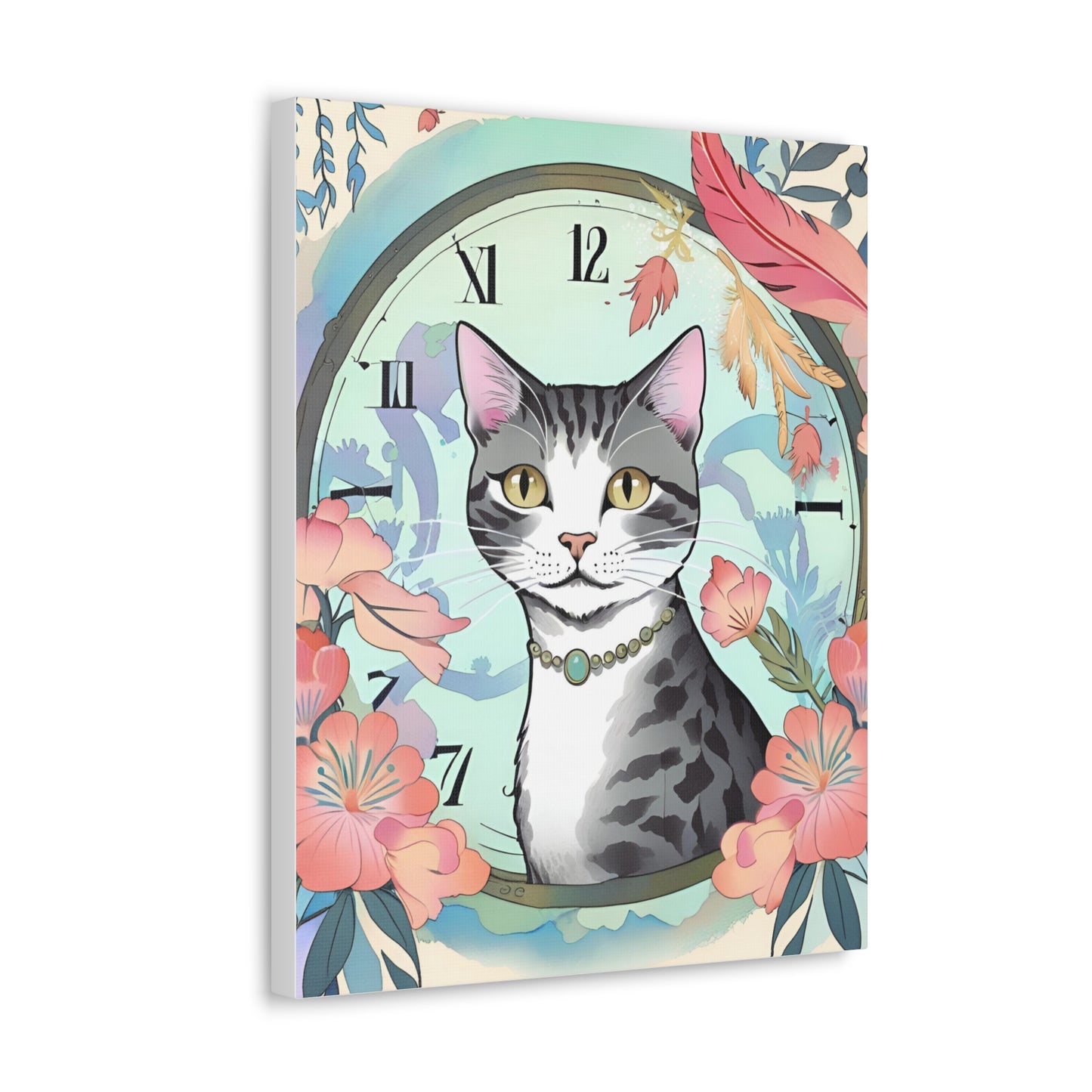 Cat-Themed Canvas Gallery Wraps - Floral Clock Art for Cat Lovers