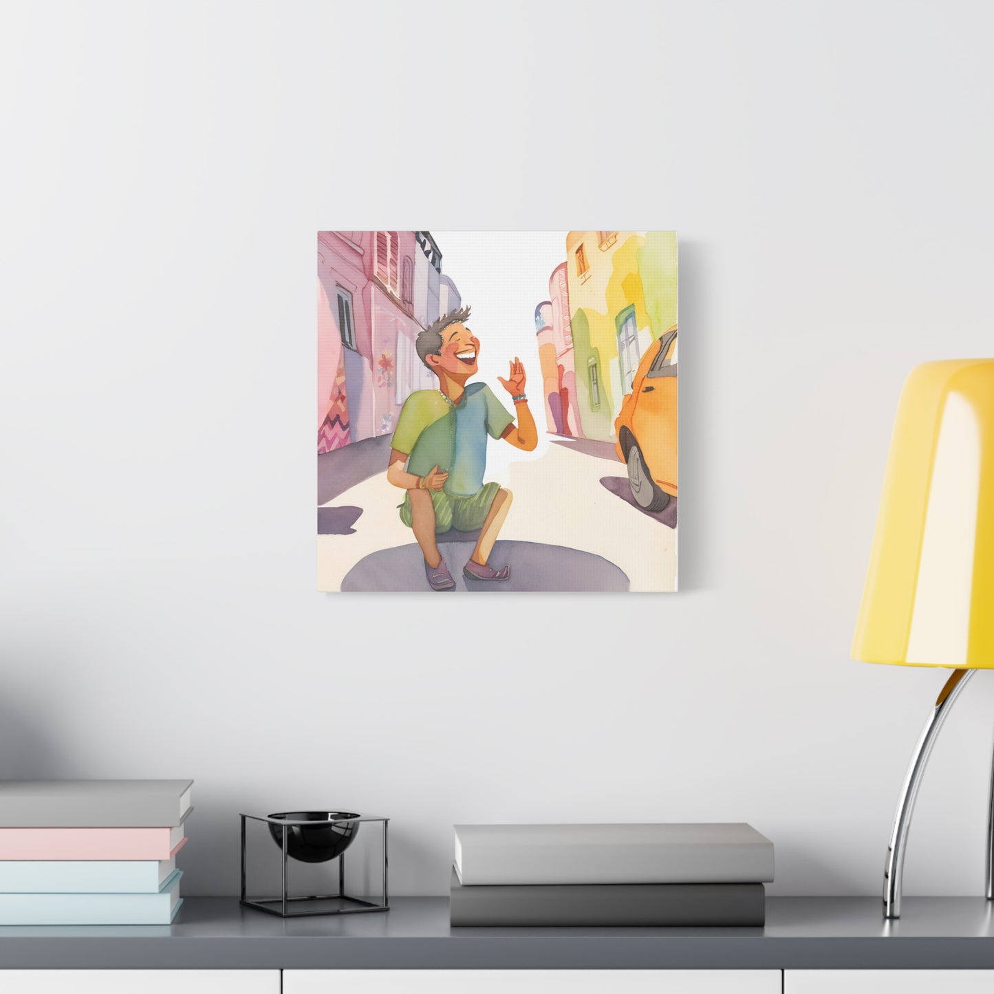 Cheerful Stretched Canvas Art - Vibrant Street Scene